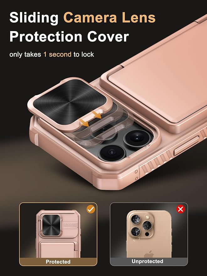 Vihibii for iPhone 16 Pro Case Wallet with Card Holder (4 Cards) [RFID Blocking] & Slide Camera Cover, Military Grade Drop Protection, Rugged Back & Silicone Edge Phone Cover, 6.3" 2024, Rose Gold