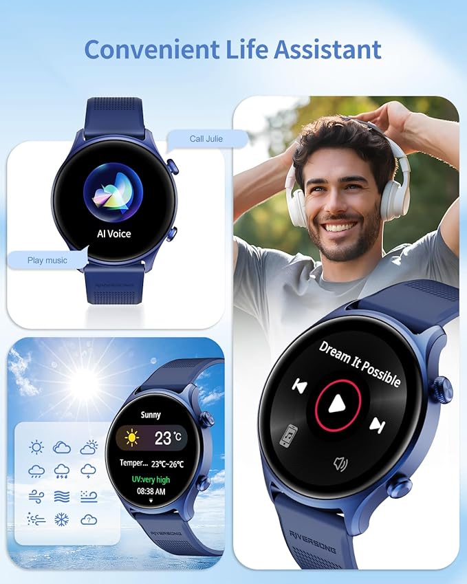RIVERSONG Smartwatch for Men Women (Answer/Make Call), 1.52" Fitness Watch with Monitor Tracker for Health Fitness (Heart Rate/Sleep/Blood Oxygen), AI Voice, Smart Watch for Android iPhone, Navy Blue
