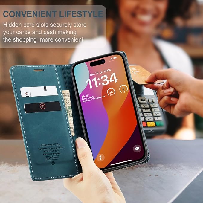 for iPhone 15 Pro Max Case, Flip Wallet Leather Case with Card Holder Magnetic Closure Shockproof Kickstand Protective Phone Cases Cover for iPhone 15 Pro Max, Blue-Green