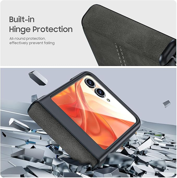 for Motorola Razr 2024 Case/Razr 2025 Case, Built-in Screen Protector & Hinge Protection & Ultra Thin PU Leather Matte PC Shockproof Cover Phone Case for Moto Razr 2024/2025(Black Gray)