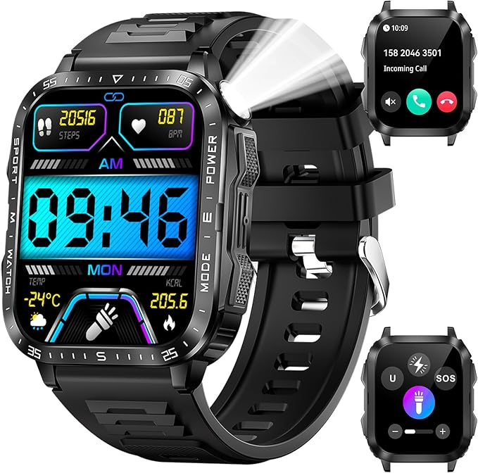 Military Smart Watch for Men with LED Flashlight Watch 2.0'' Big Screen Tactical Smartwatch 430mAh Big Battery Fitness Tracker with Heart Rate Sleep Monitor for iPhone Android