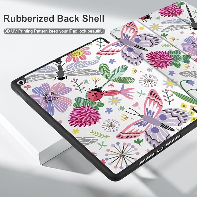 DONGKE Case Compatible with iPad 10.2 Inch 2021 2020 2019 iPad 9th/8th/7th Generation with Pencil Holder, Slim Stand Protective Case with Soft TPU Back, Auto Sleep/Wake Cover, Dragonfly