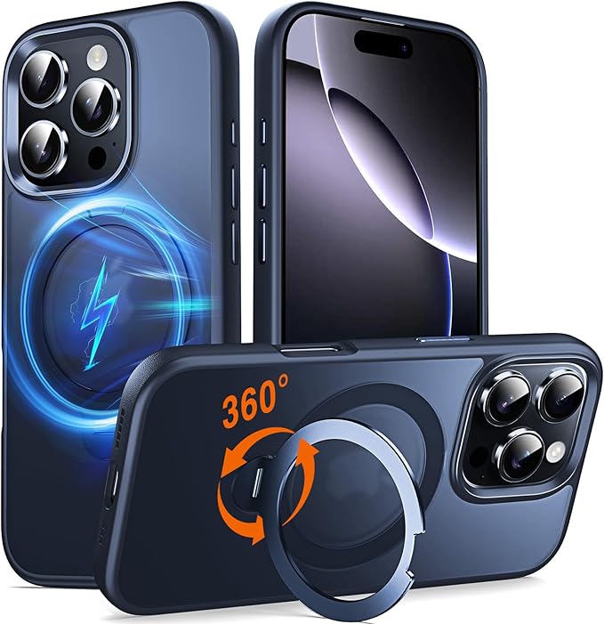 360° O-Ring MagStander for iPhone 16 Pro Case with Magnetic Kickstand Ring Holder [Compatible with MagSafe][360°Rotate Stand Ring][Military Shockproof] iPhone 16 Pro Phone Cover Matte Blue