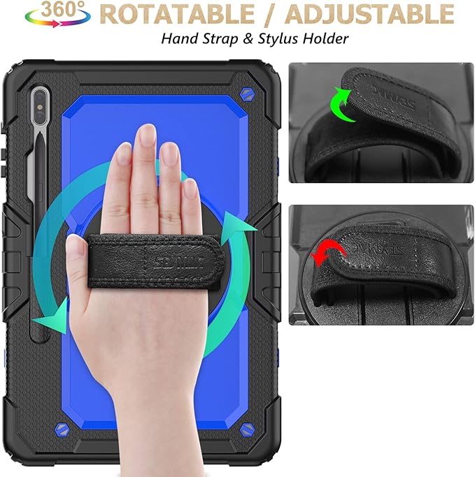 SEYMAC stock Case for Samsung Galaxy Tab S7 FE / S8 Plus 5G Case 12.4'' with Screen Protector Pencil Holder [360 Rotating Hand Strap] &Stand, Drop-Proof, Blue/Black