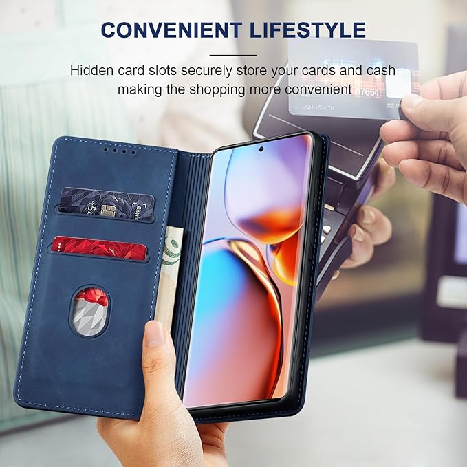 Jasonyu Flip Wallet Case for Motorola Edge+ (2023)/Moto Edge Plus (2023),Leather Magnetic Folio Cover with Card Holder,Kickstand - TPU Shockproof Durable Protective Phone Case,Blue