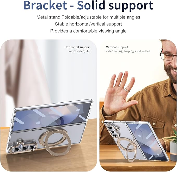 for Samsung Galaxy Z Fold 7 Case with Magnetic Ring Holder, 360 Rotating Bracket, Built-in Front Screen Len Protector, Anti-Yellowing & Anti-Fingerprint Crystal Clear Case.(Gold)