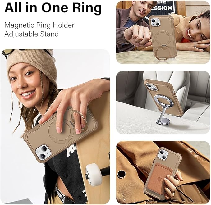 Designed for iPhone 14 Plus Case with Magnetic Stand [Military Drop Protection][Compatible with Magnet] Shockproof 14 Plus Phone Case with Ring Holder, Khaki