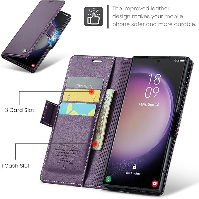Case for Samsung Galaxy S23 Ultra Wallet Case, RFID Blocking PU Leather Flip Folio Cover Card Holder Kickstand Shockproof Phone Case Compatible with Samsung Galaxy S23 Ultra, Purple