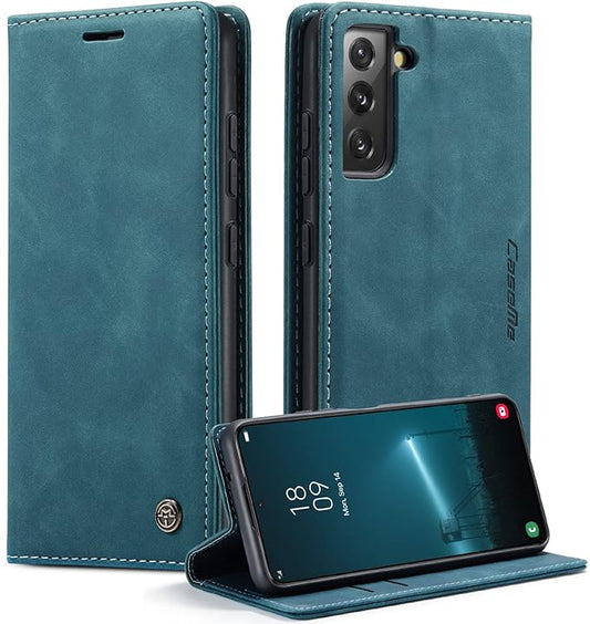 for Samsung Galaxy S22 Case, Flip Wallet Leather Case with Card Holder Magnetic Closure Shockproof Kickstand Protective Phone Cases Cover for Samsung S22,Blue-Green