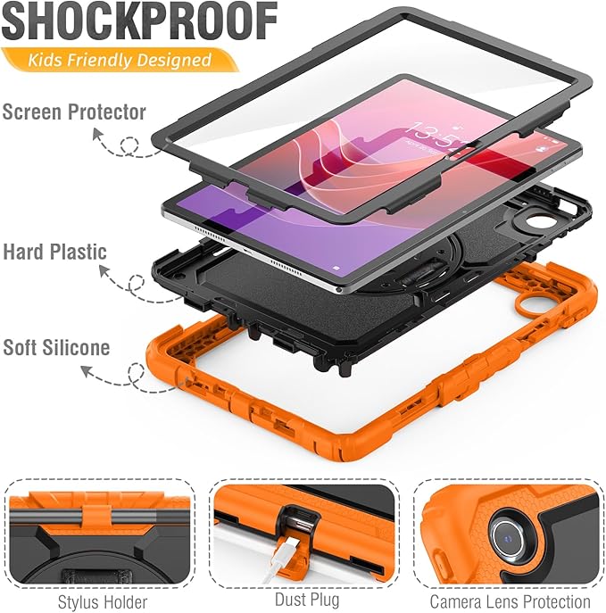 HXCASEAC Case for Lenovo Tab M11/K11 LTE 11’’ with Screen Protector/Pen Holder/Rotating Hand Strap/Stand, Protective M11 Tablet Case (TB-330FU/TB-330XU) Cover 2024, Orange