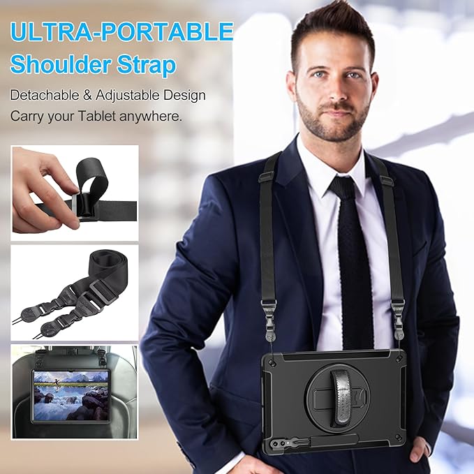 Case for Galaxy Tab S10 Ultra/S9 Ultra/S8 Ultra 14.6 INCH: TPU Protective Cover for Samsung Tablet S9 Ultra/S8 Ultra 14.6" with Stand - Handle - Shoulder Strap - S Pen Holder- Black