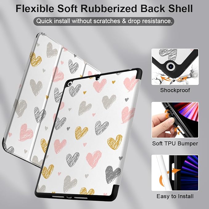 DONGKE Case Compatible with iPad 10.2 Inch 2021 2020 2019 iPad 9th/8th/7th Generation with Pencil Holder, Slim Stand Protective Case with Soft TPU Back, Auto Sleep/Wake Cover, Cute Hearts