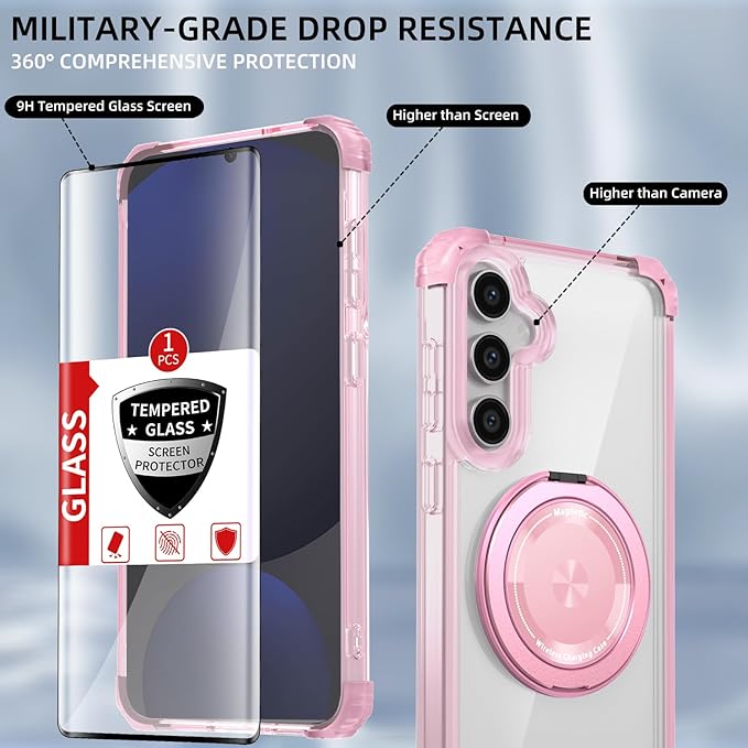 for Samsung Galaxy S24 FE Case Compatible with Magnetic Wireless Charging with 2 Screen Protectors,Galaxy S24 FE Case Built-in Kickstand Ring Military Grade Drop Protection Shockproof Pink