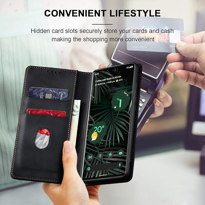 Jasonyu Flip Wallet Case for Google Pixel 6 Pro 5G,Leather Magnetic Folio Cover with Card Holder,Kickstand - TPU Shockproof Durable Protective Phone Case,Black