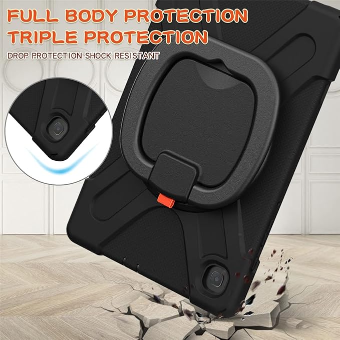 360 Rotation Case for Samsung Galaxy Tab S6 Lite 10.4" Sturdy Cover Rotate Ring Stand Shoulder Carrying Strap Hand Strap Rugged Children Adults Outdoor Case (Black)