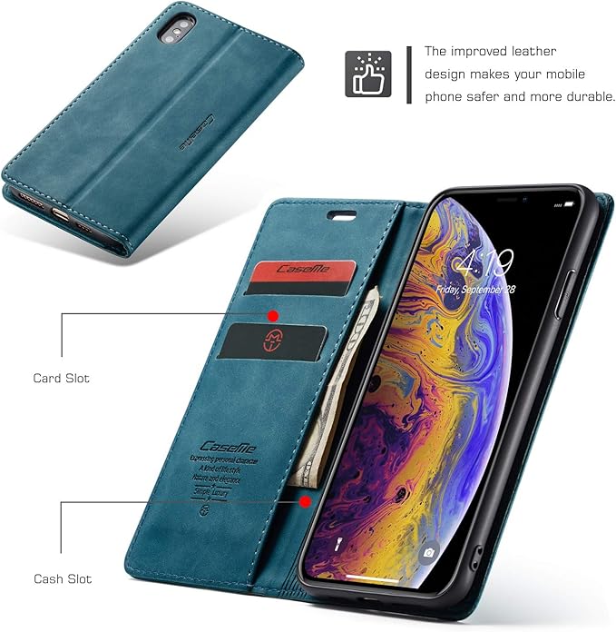 for iPhone X/iPhone Xs Case, Flip Wallet Leather Case with Card Holder Magnetic Closure Shockproof Kickstand Protective Phone Cases Cover for iPhone X, Blue-Green