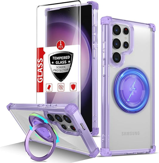for Samsung Galaxy S23Ultra Case Compatible Wireless Charging Magnetic,with Screen Protector,for S23Ultra Phone Case with 360°Stand Ring Military Grade Shockproof Heavy Duty Protection Purple