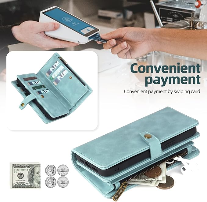 TwoHead for iPhone 13 Pro Wallet Case with Card Holder & Detachable Magnetic Phone Case, PU Leather Shockproof Protective Cover,Wrist Strap(Dream Blue)