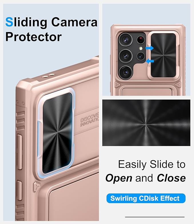 for Samsung Galaxy S23 Ultra Case with Card Holder (Store 4-5 Cards), Slide Lens Cover & Stand, Military Grade Drop Protection, Shockproof Wallet Phone Case for Galaxy S23 Ultra, Rose Gold