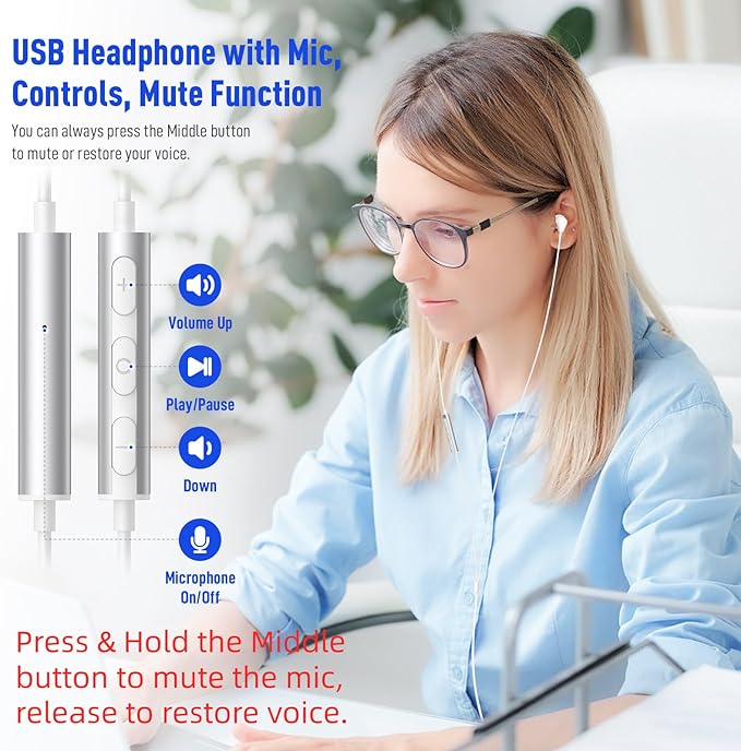 USB Headphones for PC Laptop,Magnetic 7.5FT Wired Earbuds Computer Headset with Microphone Control Mute Mic Noise Canceling in Ear Eartips Corded Earphone for MacBook Pro Zoom Meetings Chromebook