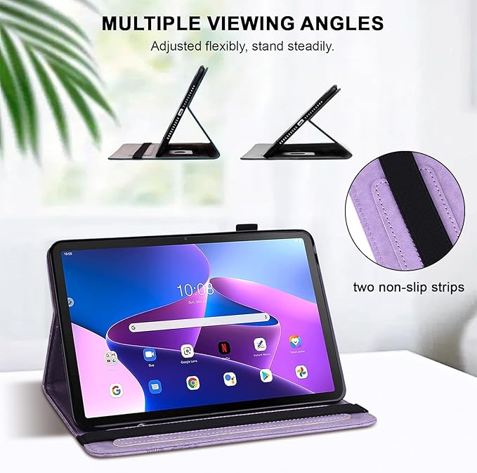 Case for Lenovo Tab M10 Plus 3rd Gen 10.6 Inch 2022 (TB125FU/128FU), Embossed Lace PU Leather Flip Folio Tablet Case with Elastic Band & Card Slots/Holder, Multi-Angle Viewing Stand Cover, Purple