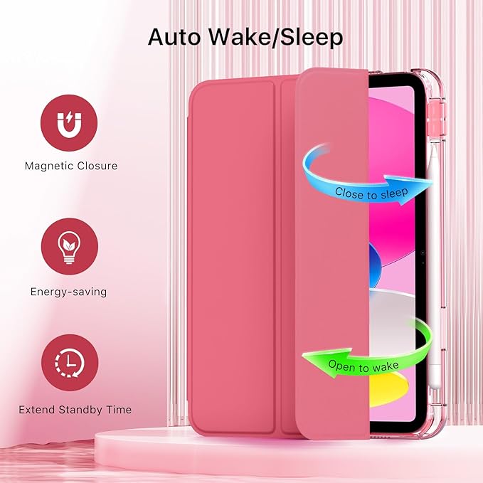 MoKo for iPad (A16) 11th Generation Case 11 Inch 2025, iPad 10th Gen Case 10.9 Inch 2022 with Pencil Holder, Slim Light Trifold Protective Cover with Hard PC Translucent Back Shell, Watermelon Pink