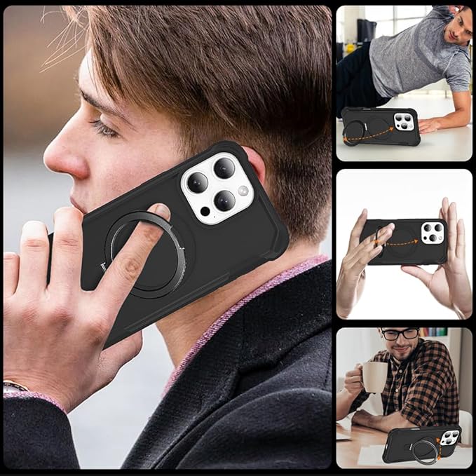 Designed for iPhone 16 Pro Max Case with Magnetic Stand [Military Drop Protection][Compatible with Magnet] Shockproof 16 Pro Max Phone Case with Ring Holder, Black