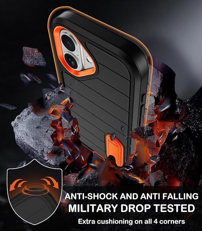 for iPhone 16 Case with 2 Screen Protectors,Heavy Duty Shockproof Drop Protection Military Grade Tri-Layer Rugged Cell Phone Cover with Built-in Invisible Kickstand for Apple 16 6.1“ (Black/Orange)