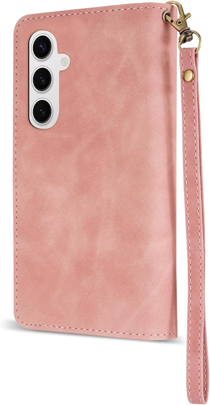 ZZXX for Samsung Galaxy S24 Wallet Case with RFID Blocking Card Slot PU Leather Zipper Flip Folio with Strap Kickstand Protective Cover for Samsung Galaxy S24 Case Wallet(Pink-6.2 inch)