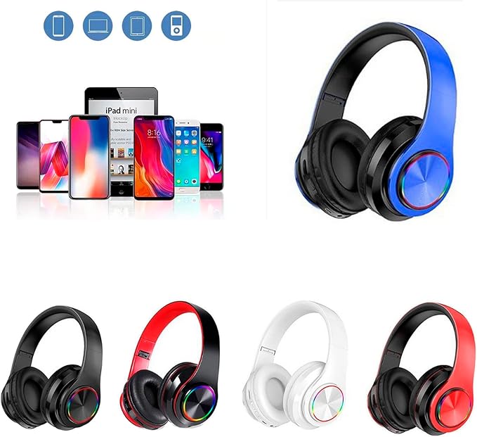 Kids Bluetooth Over Ear Headphones, Colorful LED Lights Headphones with Built-in Mic, Bluetooth 5.0, Wired and Wireless Foldable Stereo Headphones for Classroom/Home Office/Tablet/Airplane(Blue)