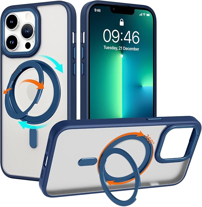ZIYE Magnetic Case for iPhone 13 Pro Max Case with Stand [Compatible with MagSafe] Slim Shockproof Military Grade Heavy Duty Cover with 360 Rotatable Ring Kickstand for Women Men, Translucent Blue