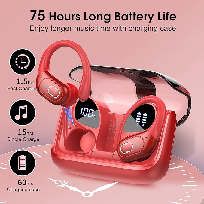 Wireless Earbuds 75hrs Bluetooth 5.4 Headphone Sport, 2025 Bluetooth Earbuds Stereo Deep Bass Over Ear Bud with Earhooks, ENC Noise Cancelling Mic, IPX7 Waterproof Earphone, Red