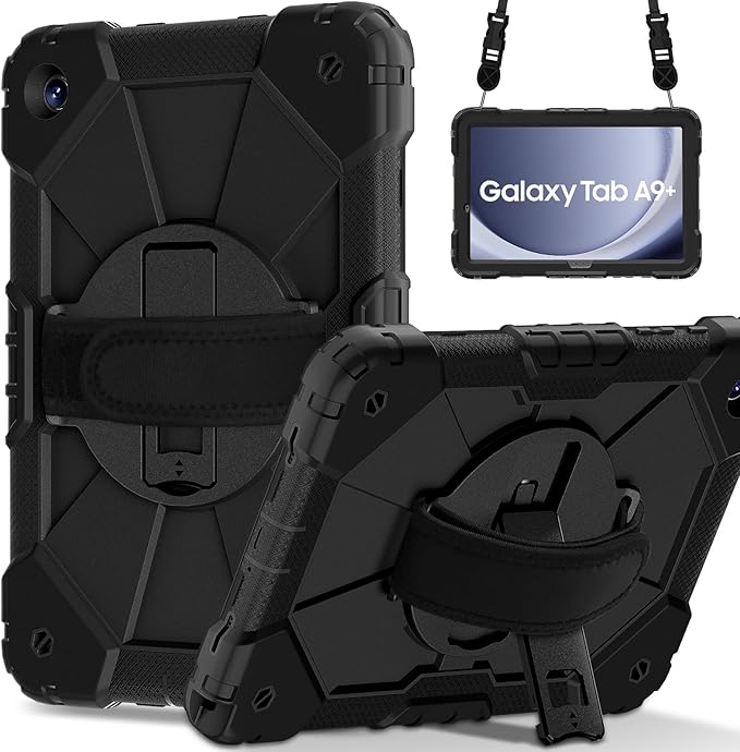 for Samsung Galaxy Tab A9 Plus 11 Inch 2023 (SM-X210/X216/X218), Heavy Duty Hard PC Soft Silicone Rugged Protective Kickstand Shoulder Strap Handle Grip Case for Samsung A9 Plus 11 Inch 2023