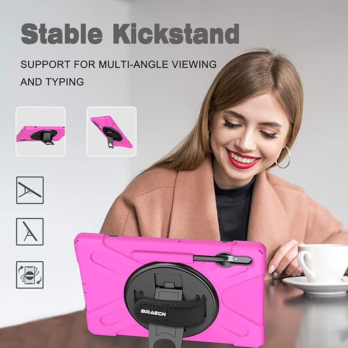 BRAECN for Samsung Galaxy Tab S10 Plus/S9 FE Plus/S9+/S7 FE /S7+/S8+ 12.4 inch Case with Carrying Shoulder Strap, S Pen Holder, Kickstand, Hand Strap for Galaxy Tab S10+-Pink
