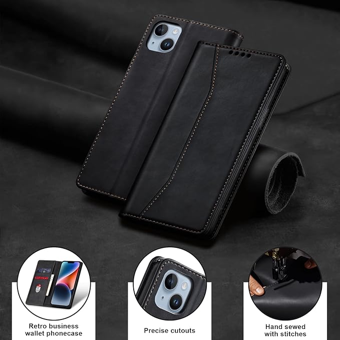 Jasonyu Flip Wallet Case for iPhone 14 5G,Leather Magnetic Folio Cover with Card Holder,Kickstand - TPU Shockproof Durable Protective Phone Case,Black