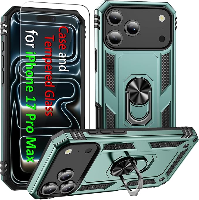 ADDIT Compatible with iPhone 17 Pro Max Case with Tempered Glass Screen Protector, Adjustable Kickstand Ring, Military-Grade Heavy Duty Protection, Shockproof, Anti-Fingerprint,Teal