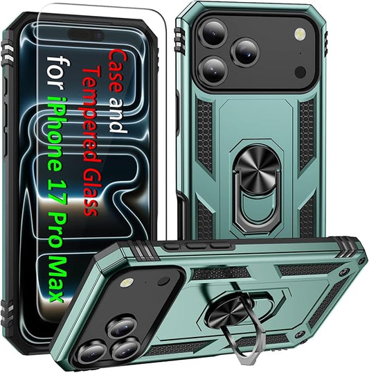 ADDIT Compatible with iPhone 17 Pro Max Case with Tempered Glass Screen Protector, Adjustable Kickstand Ring, Military-Grade Heavy Duty Protection, Shockproof, Anti-Fingerprint,Teal