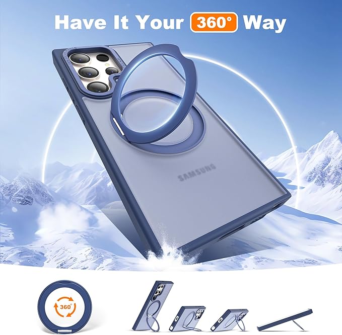 Compatible with Samsung Galaxy S24 Ultra Case with 360Rotatable Magnetic Ring Stand Compatible with Mag-Safe Military Protection Matte Translucent Phone Cases for S24 Ultra 6.8",Blue