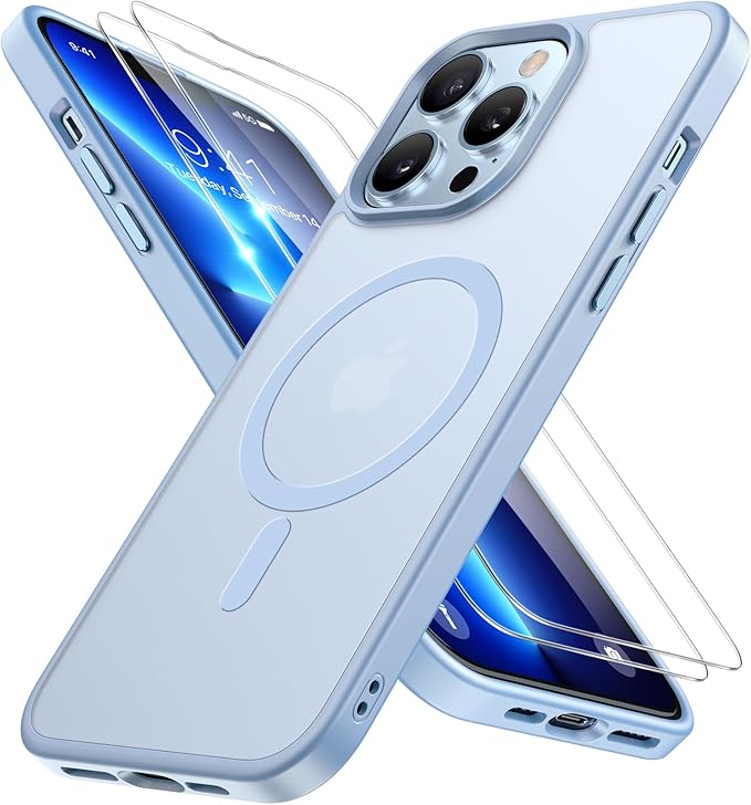 Miracase Magnetic for iPhone 13 Pro Max Case 6.7 inch (Compatible with MagSafe)（with 2X Screen Protectors） Military-Grade Protection, Anti-Fingerprint Translucent Matte Phone Case Cover, Light Blue