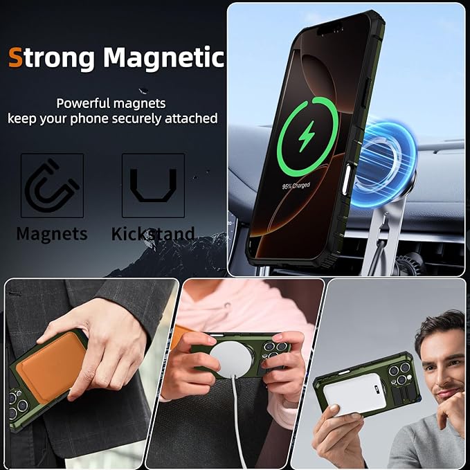 for iPhone 16 Pro Case Magnetic Compatible with Wireless Charging,16 Pro Phone Case with 2 Screen Protector,Built-in Kickstand Ring Military Grade Drop Shockproof Heavy Duty Protection Green
