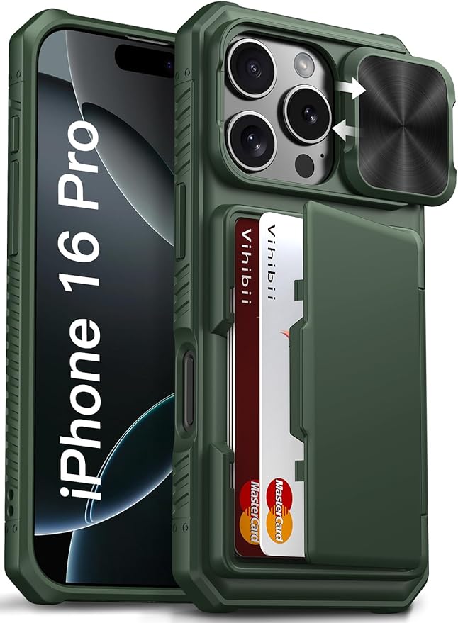 Vihibii for iPhone 16 Pro Case with Card Holder (4 Cards) [RFID Blocking] & Slide Camera Cover, Military Grade Drop Protection, Rugged Hard Back & Silicone Edge Wallet Phone Cover, 6.3" 2024, Green