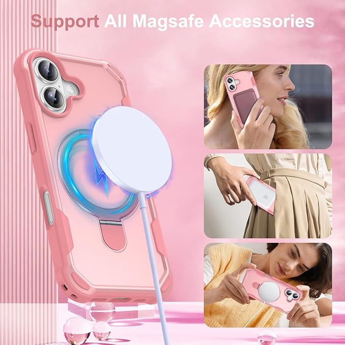 Compatible with iPhone 17 Case with Invisible Magnetic Ring Stand [Compatible with Magnetic] [Military Drop Protection] Shockproof Slim Hard Back Soft Edge Case 6.3 Inch, Pink