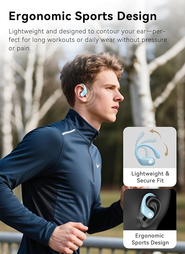Wireless Earbuds, ENC Noise Cancelling Sport Ear Buds with Multifunctional Touch Screen, Bluetooth 5.4 Headphones, Bass Stereo Sound, 5 EQ Over-Ear Earbuds for Sports/Workout/Gym-Sky Blue
