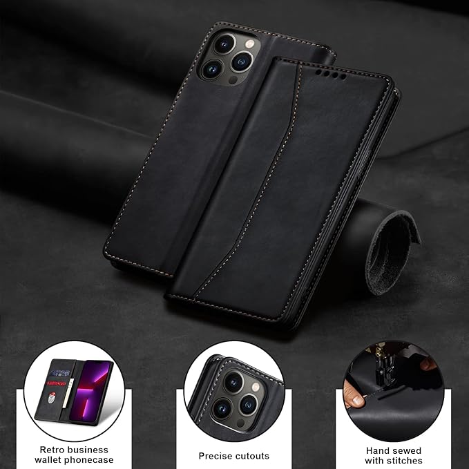 Jasonyu Flip Wallet Case for iPhone 13 Pro Max,Leather Magnetic Folio Cover with Card Holder,Kickstand - TPU Shockproof Durable Protective Phone Case,Black