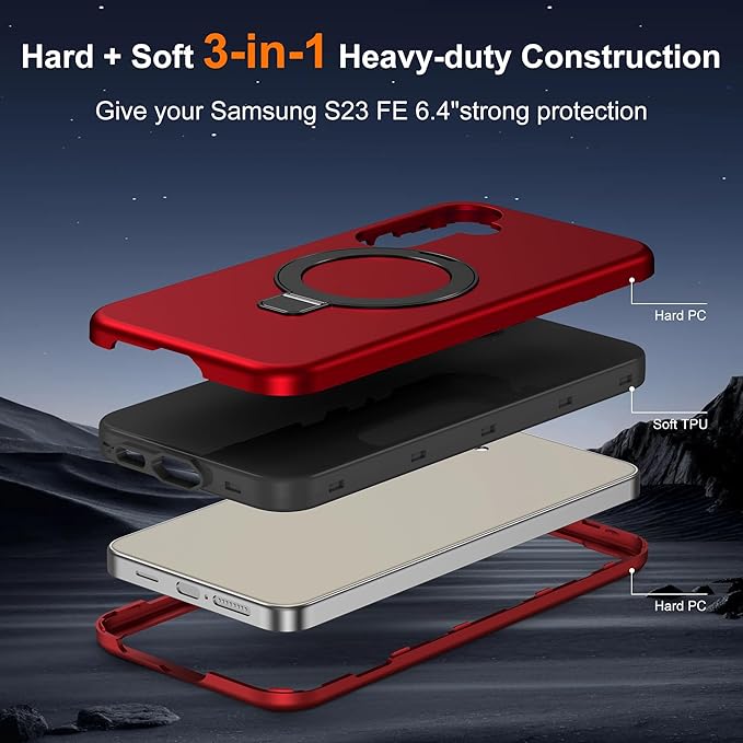 Designed for Samsung Galaxy S23 FE Case with Magnetic Ring Stand [Compatible with Mag-Safe][Military Grade Drop Protection][Build in Kickstand] Shockproof Galaxy S23 FE Phone Case 6.4",Red