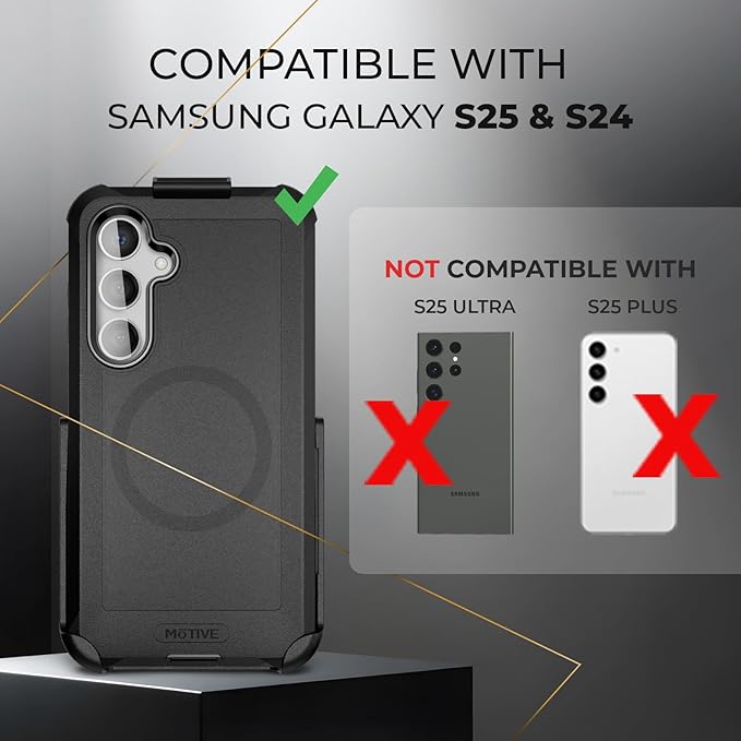 MOTIVE Designed for Samsung Galaxy s25 Case with Belt Clip, Magnetic Case Magsafe Compatible, Heavy Duty and Quad Layer Military Protection for s25 Holster, 6.2" | Black [Fits s24 Phone]