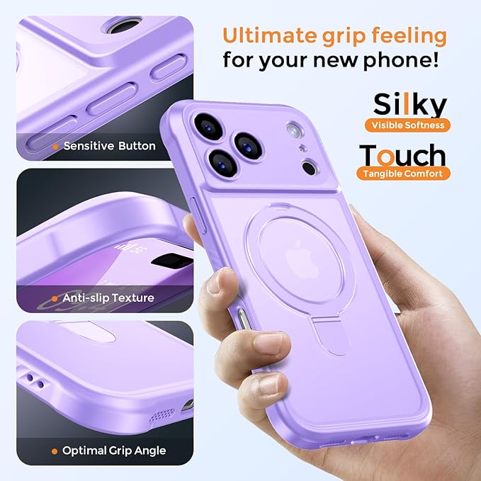 MOCCA Compatible with iPhone 17 Pro Max Case with Magnetic Invisible Stand [Full Camera Protection] [Compatible with Magsafe] Military Drop Shockproof Translucent Matte Phone Case Cover,Light Purple