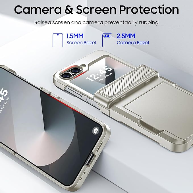 CENMASO for Samsung Galaxy Z Flip 6 Case/Z Flip 7 FE Case with Card Holder [RFID Blocking]& Hinge Protection & Screen Protector, Full-Body Shockproof Phone Case for Z Flip 6/Flip 7 FE-Natural Titanium