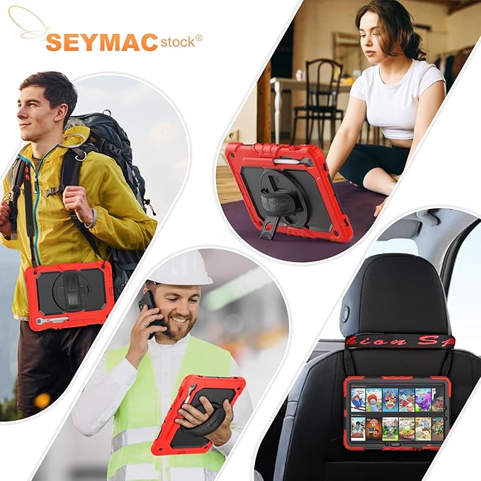 SEYMAC stock Case for Samsung Galaxy Tab S10 Lite / S10 FE / S9 FE 5G / S9 Tablet Case 10.9''/ 11'' Protective with Screen Protector, Pen Holder, 360 Rotate Stand, Hand Strap, Shoulder Strap, Red