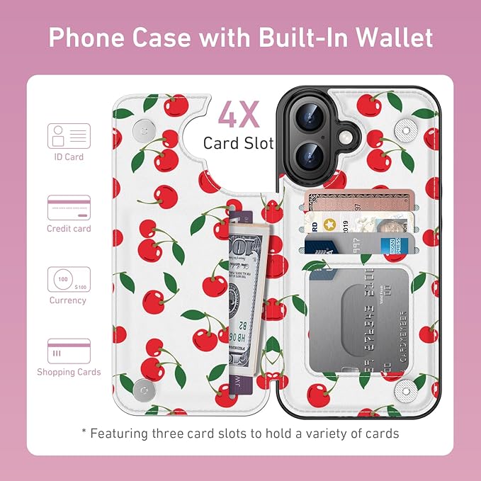 FUNMIKO for iPhone 16 Plus Wallet Case with Card Holder, RFID-Blocking, Military-Grade Protection & UV-Printed Artwork, Magnetic Closure with Leather Kickstand - Juicy Cherries